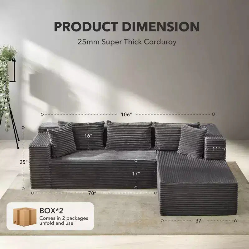 Canapé d'angle modulaire moderne SunnyFurn 106 - Grand canapé nuage profond avec assise en velours côtelé doux, design minimaliste, confortable et moelleux