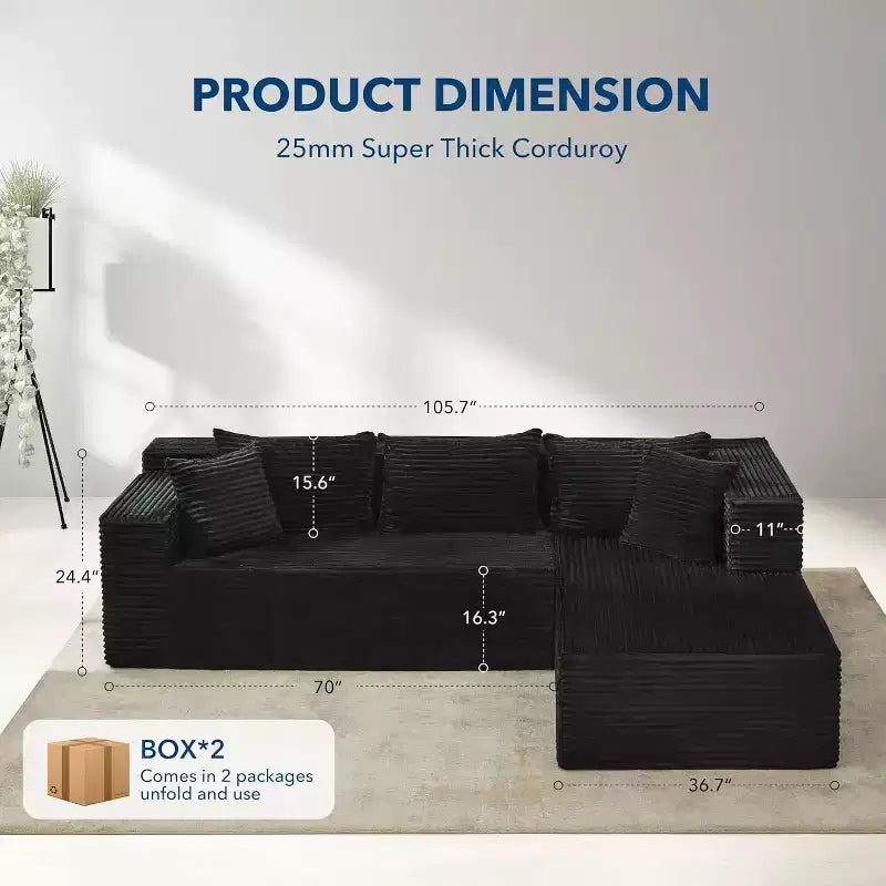 Canapé d'angle modulaire moderne SunnyFurn 106 - Grand canapé nuage profond avec assise en velours côtelé doux, design minimaliste, confortable et moelleux