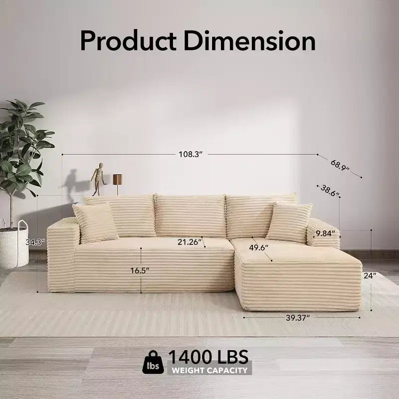Canapé sectionnel profond en velours côtelé doux – Canapé modulaire en forme de L de 274 cm pour salon, appartement ou bureau – Moderne, aucun assemblage requis