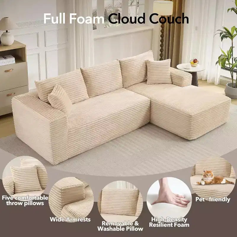 Canapé sectionnel profond en velours côtelé doux – Canapé modulaire en forme de L de 274 cm pour salon, appartement ou bureau – Moderne, aucun assemblage requis
