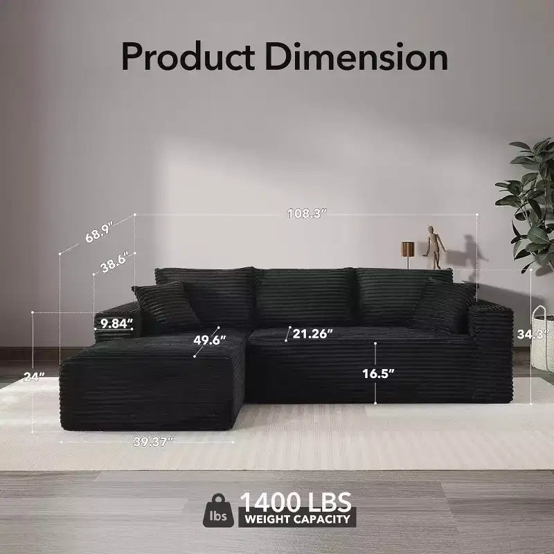 Canapé sectionnel profond en velours côtelé doux – Canapé modulaire en forme de L de 274 cm pour salon, appartement ou bureau – Moderne, aucun assemblage requis