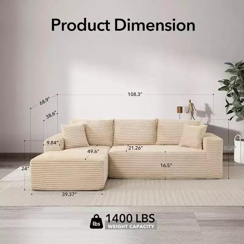Canapé sectionnel profond en velours côtelé doux – Canapé modulaire en forme de L de 274 cm pour salon, appartement ou bureau – Moderne, aucun assemblage requis