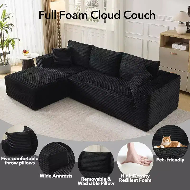Canapé sectionnel profond en velours côtelé doux – Canapé modulaire en forme de L de 274 cm pour salon, appartement ou bureau – Moderne, aucun assemblage requis