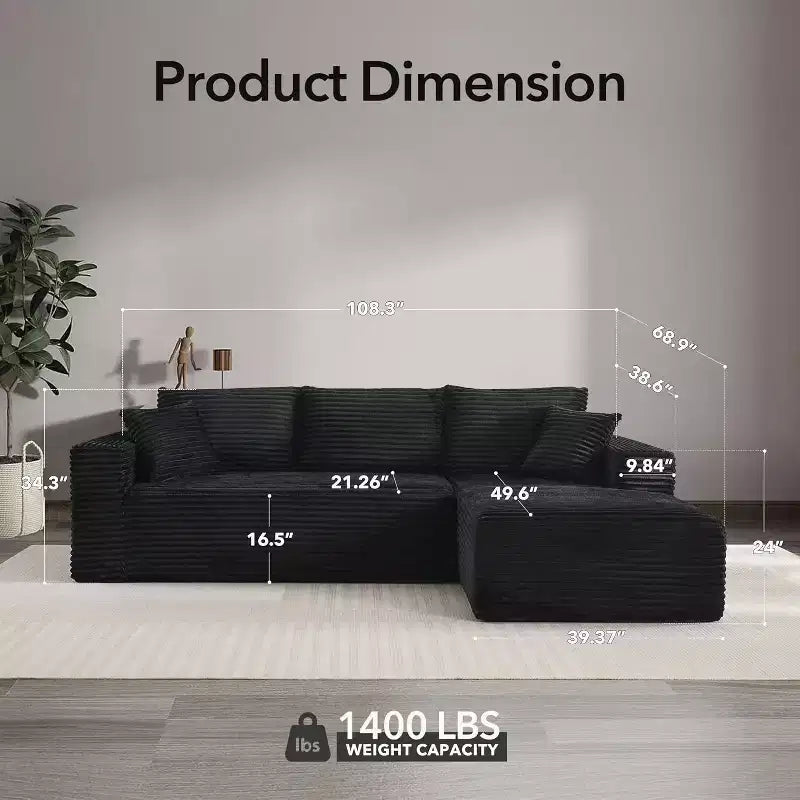 Canapé sectionnel profond en velours côtelé doux – Canapé modulaire en forme de L de 274 cm pour salon, appartement ou bureau – Moderne, aucun assemblage requis