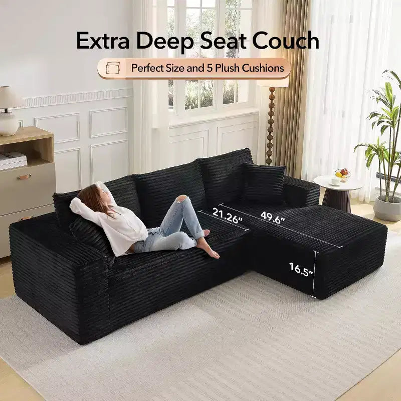 Canapé sectionnel profond en velours côtelé doux – Canapé modulaire en forme de L de 274 cm pour salon, appartement ou bureau – Moderne, aucun assemblage requis
