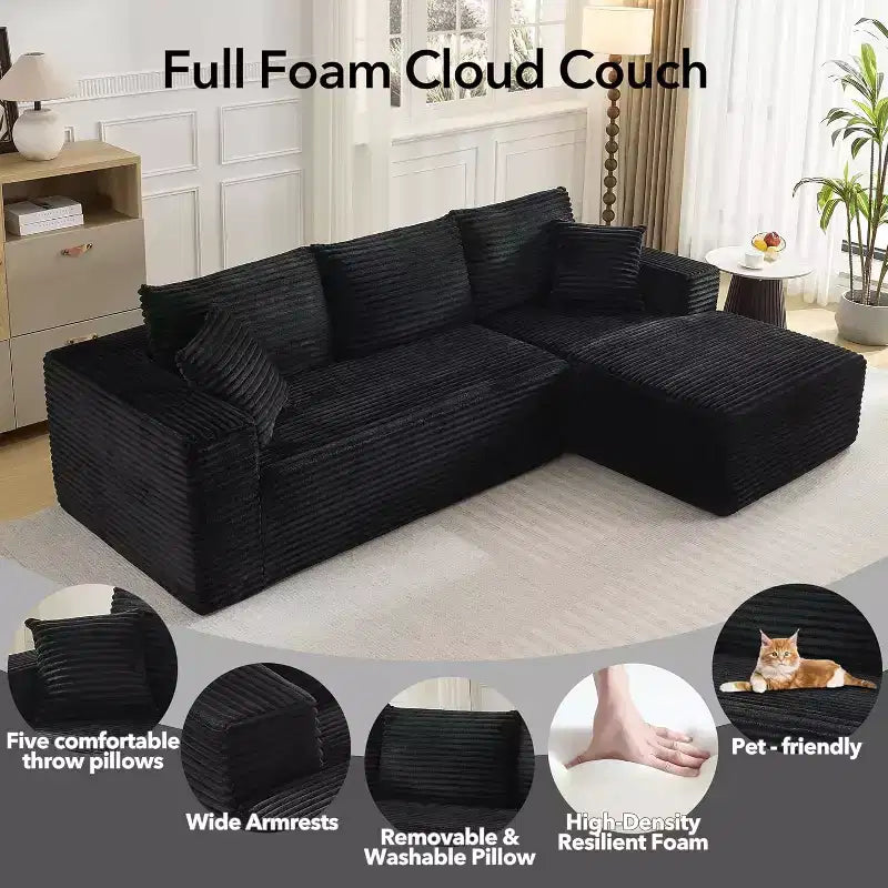 Canapé sectionnel profond en velours côtelé doux – Canapé modulaire en forme de L de 274 cm pour salon, appartement ou bureau – Moderne, aucun assemblage requis
