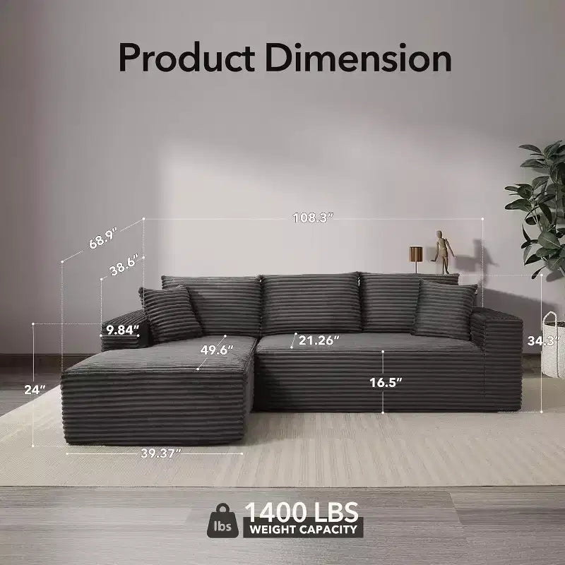 Canapé sectionnel profond en velours côtelé doux – Canapé modulaire en forme de L de 274 cm pour salon, appartement ou bureau – Moderne, aucun assemblage requis