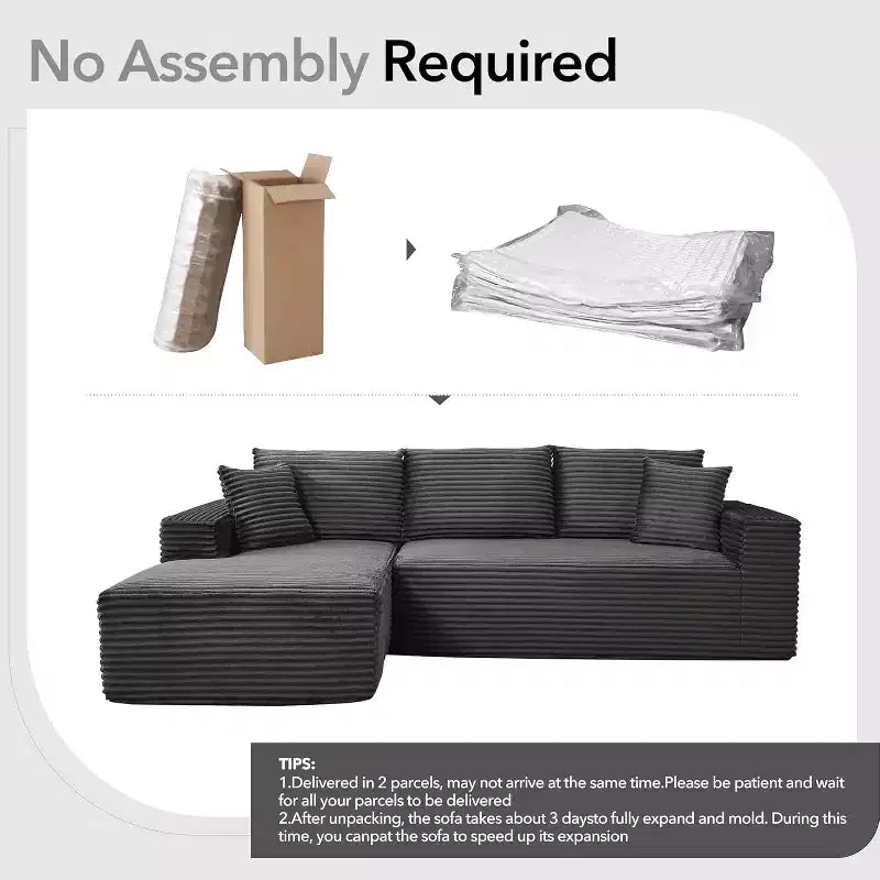 Canapé sectionnel profond en velours côtelé doux – Canapé modulaire en forme de L de 274 cm pour salon, appartement ou bureau – Moderne, aucun assemblage requis