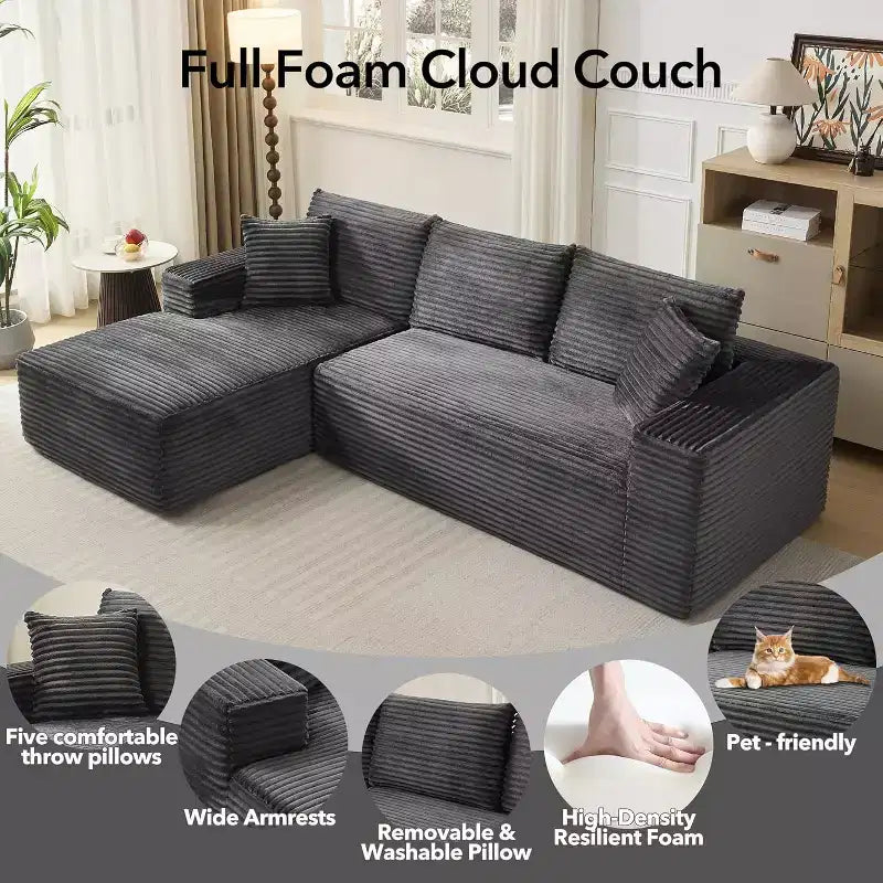 Canapé sectionnel profond en velours côtelé doux – Canapé modulaire en forme de L de 274 cm pour salon, appartement ou bureau – Moderne, aucun assemblage requis