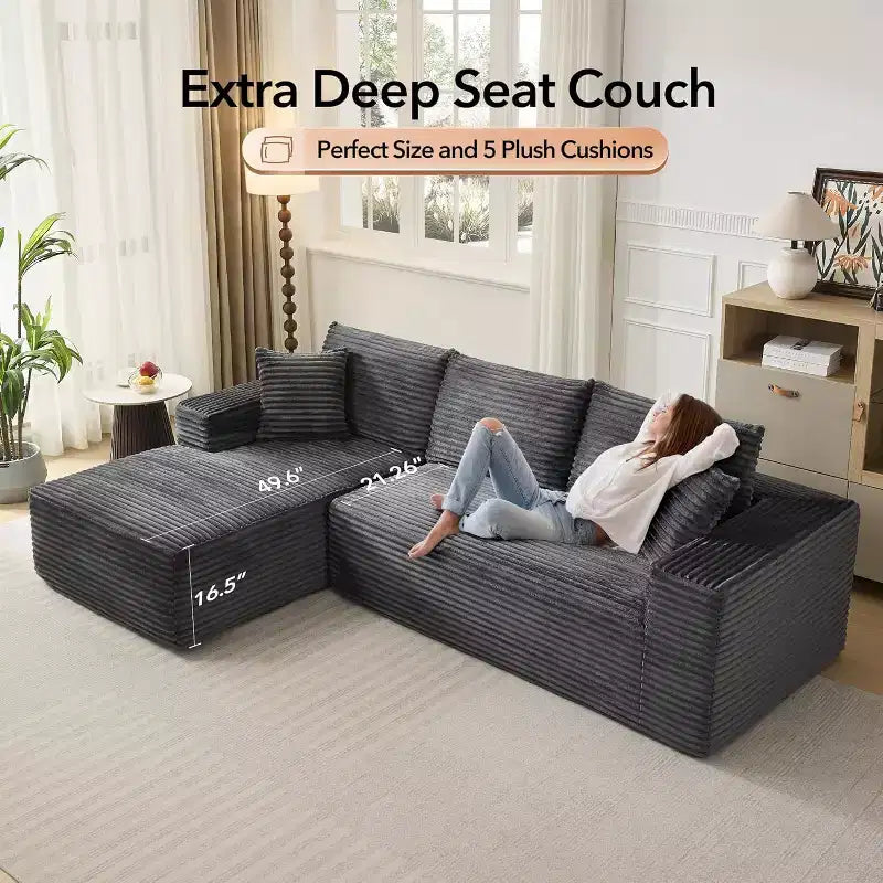 Canapé sectionnel profond en velours côtelé doux – Canapé modulaire en forme de L de 274 cm pour salon, appartement ou bureau – Moderne, aucun assemblage requis