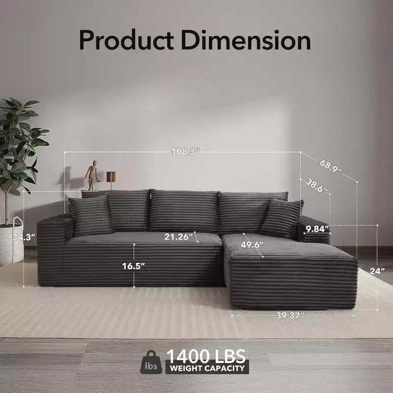Canapé sectionnel profond en velours côtelé doux – Canapé modulaire en forme de L de 274 cm pour salon, appartement ou bureau – Moderne, aucun assemblage requis