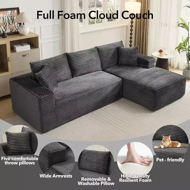 Canapé sectionnel profond en velours côtelé doux – Canapé modulaire en forme de L de 274 cm pour salon, appartement ou bureau – Moderne, aucun assemblage requis