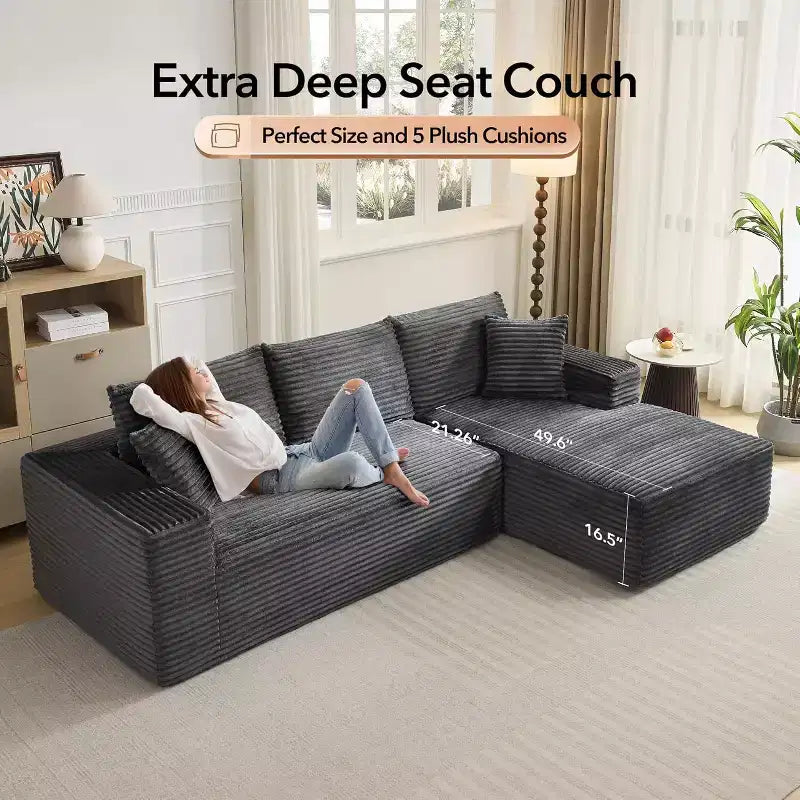 Canapé sectionnel profond en velours côtelé doux – Canapé modulaire en forme de L de 274 cm pour salon, appartement ou bureau – Moderne, aucun assemblage requis