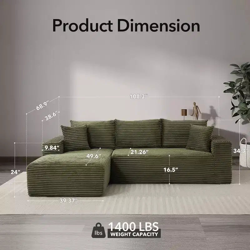 Canapé sectionnel profond en velours côtelé doux – Canapé modulaire en forme de L de 274 cm pour salon, appartement ou bureau – Moderne, aucun assemblage requis