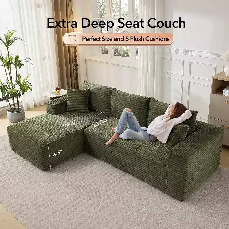 Canapé sectionnel profond en velours côtelé doux – Canapé modulaire en forme de L de 274 cm pour salon, appartement ou bureau – Moderne, aucun assemblage requis