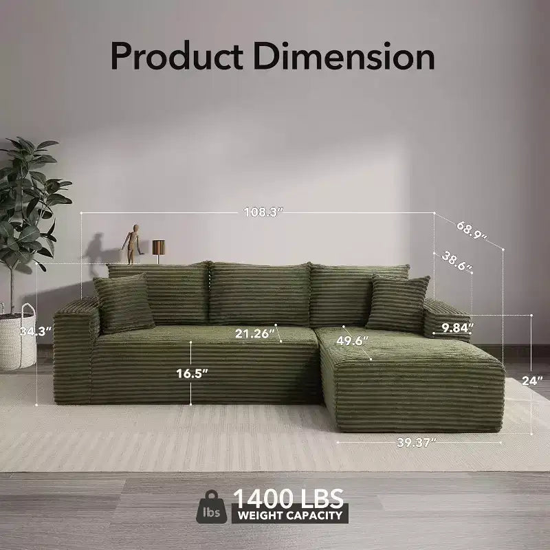 Canapé sectionnel profond en velours côtelé doux – Canapé modulaire en forme de L de 274 cm pour salon, appartement ou bureau – Moderne, aucun assemblage requis