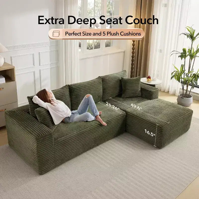 Canapé sectionnel profond en velours côtelé doux – Canapé modulaire en forme de L de 274 cm pour salon, appartement ou bureau – Moderne, aucun assemblage requis