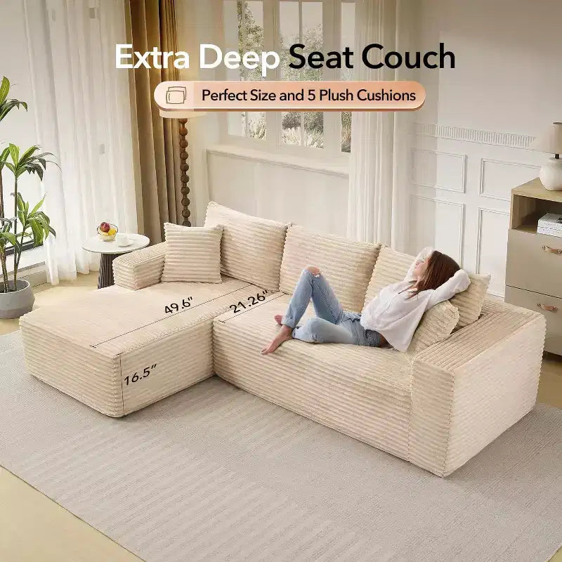 Canapé sectionnel profond en velours côtelé doux – Canapé modulaire en forme de L de 274 cm pour salon, appartement ou bureau – Moderne, aucun assemblage requis