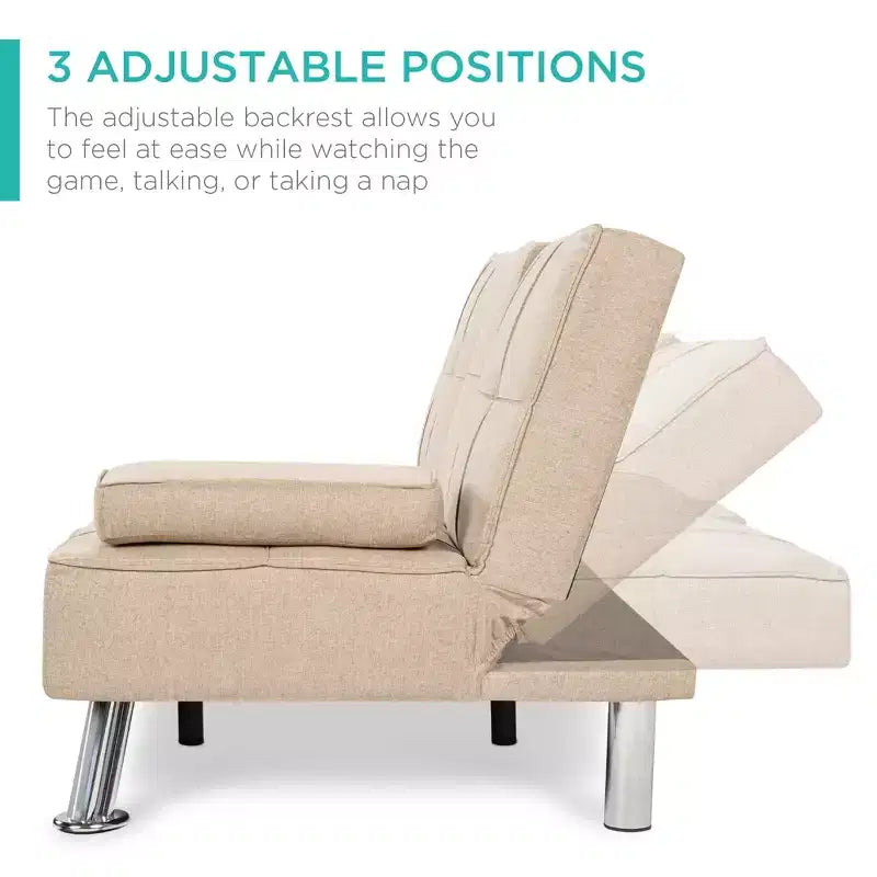 Canapé-lit convertible moderne en lin Best Choice Products avec accoudoirs amovibles, pieds en métal, porte-gobelets