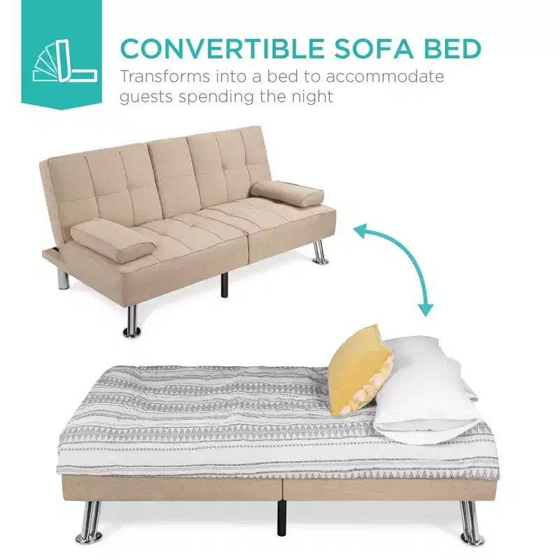 Canapé-lit convertible moderne en lin Best Choice Products avec accoudoirs amovibles, pieds en métal, porte-gobelets