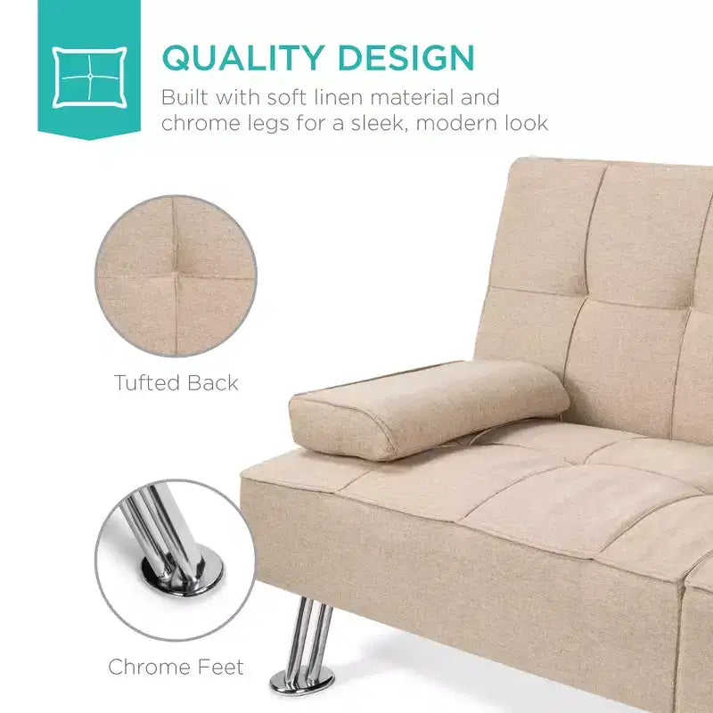 Canapé-lit convertible moderne en lin Best Choice Products avec accoudoirs amovibles, pieds en métal, porte-gobelets