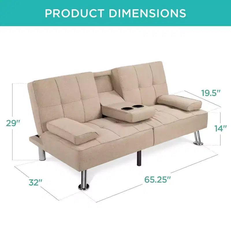 Canapé-lit convertible moderne en lin Best Choice Products avec accoudoirs amovibles, pieds en métal, porte-gobelets