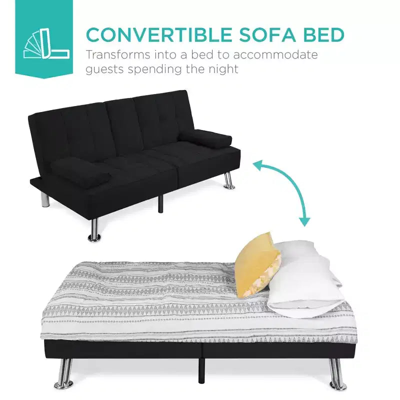 Canapé-lit convertible moderne en lin Best Choice Products avec accoudoirs amovibles, pieds en métal, porte-gobelets