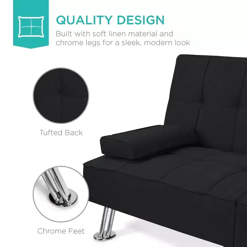 Canapé-lit convertible moderne en lin Best Choice Products avec accoudoirs amovibles, pieds en métal, porte-gobelets