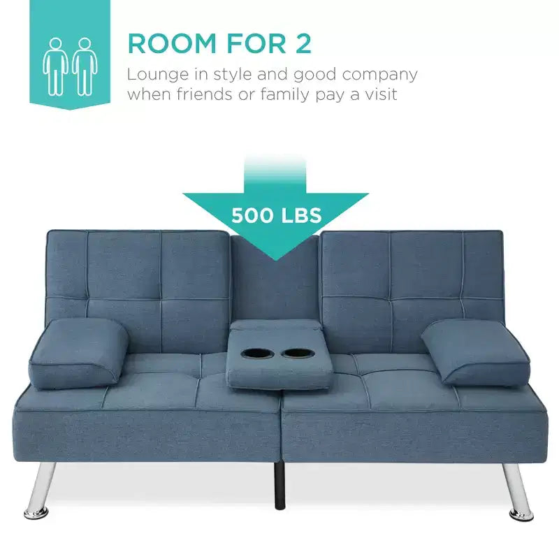 Canapé-lit convertible moderne en lin Best Choice Products avec accoudoirs amovibles, pieds en métal, porte-gobelets