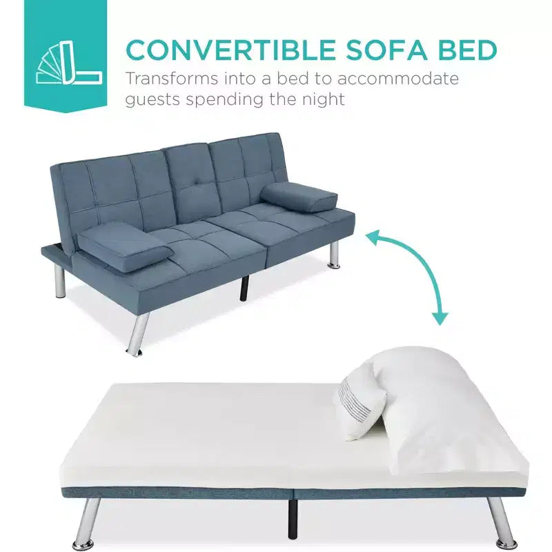 Canapé-lit convertible moderne en lin Best Choice Products avec accoudoirs amovibles, pieds en métal, porte-gobelets