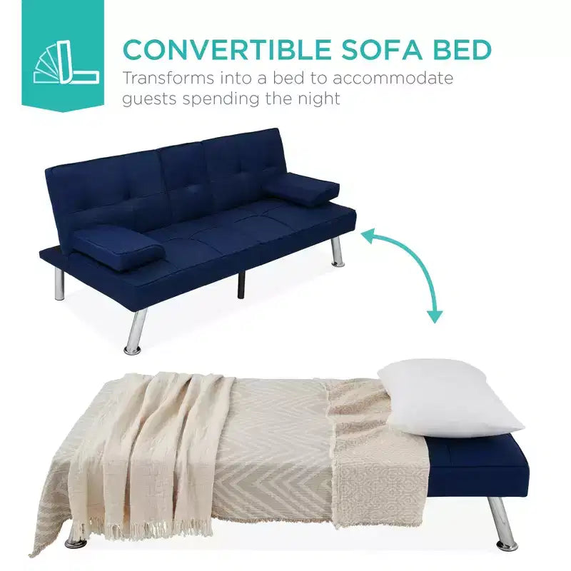 Canapé-lit convertible moderne en lin Best Choice Products avec accoudoirs amovibles, pieds en métal, porte-gobelets
