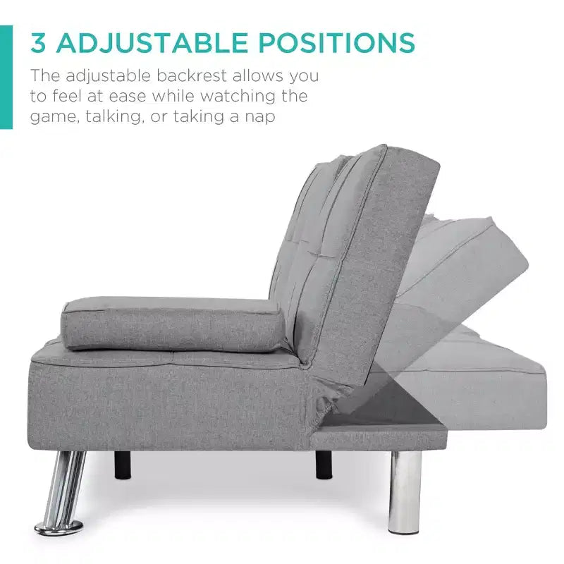 Canapé-lit convertible moderne en lin Best Choice Products avec accoudoirs amovibles, pieds en métal, porte-gobelets
