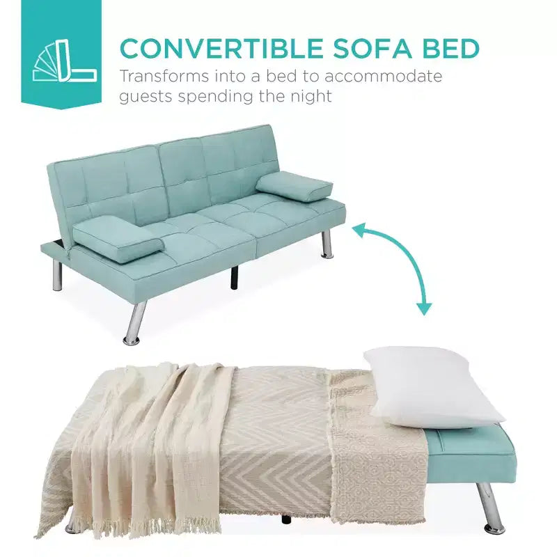 Canapé-lit convertible moderne en lin Best Choice Products avec accoudoirs amovibles, pieds en métal, porte-gobelets