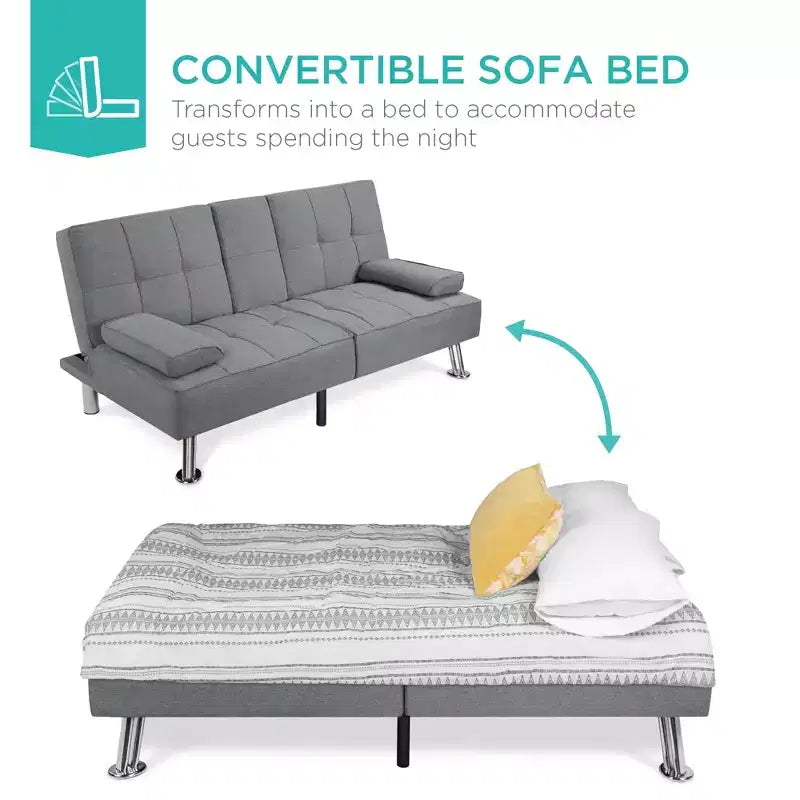 Canapé-lit convertible moderne en lin Best Choice Products avec accoudoirs amovibles, pieds en métal, porte-gobelets
