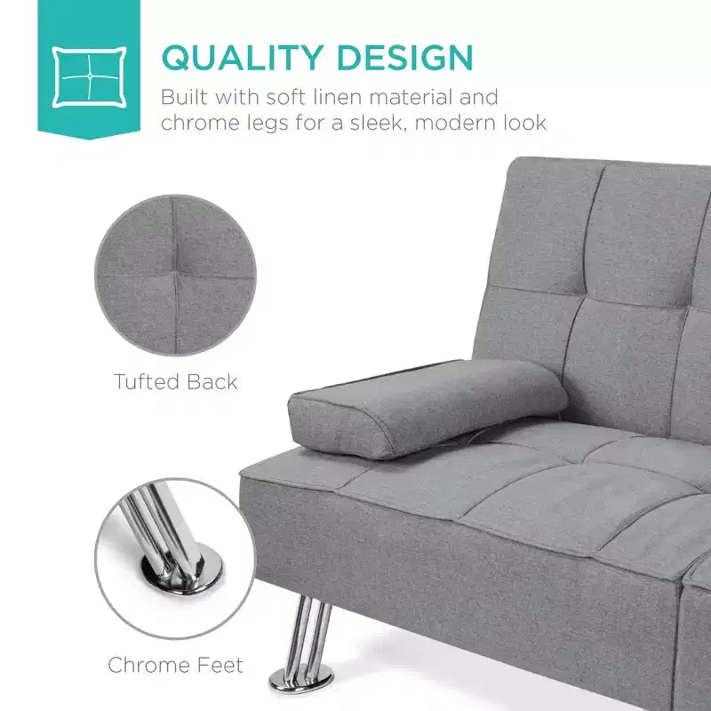 Canapé-lit convertible moderne en lin Best Choice Products avec accoudoirs amovibles, pieds en métal, porte-gobelets
