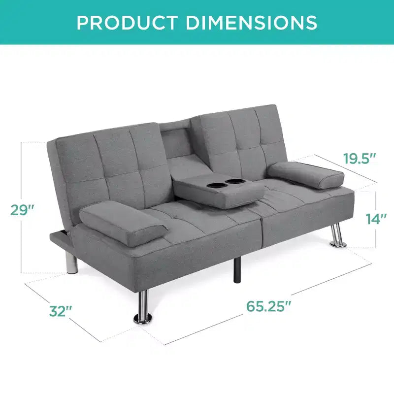 Canapé-lit convertible moderne en lin Best Choice Products avec accoudoirs amovibles, pieds en métal, porte-gobelets