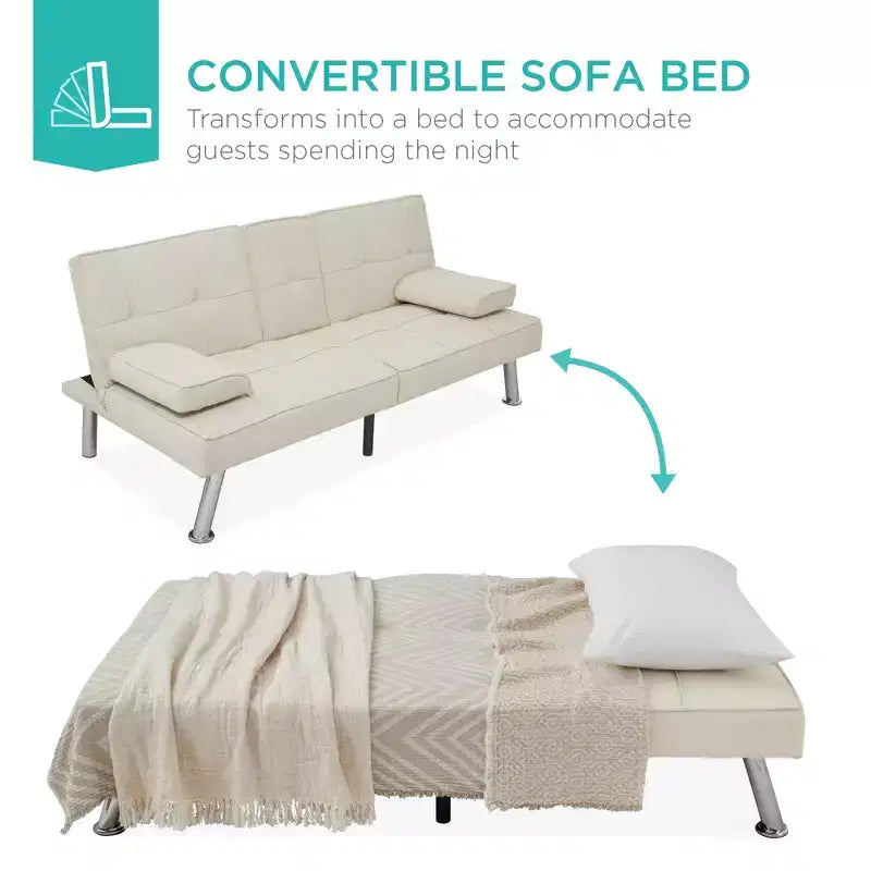 Canapé-lit convertible moderne en lin Best Choice Products avec accoudoirs amovibles, pieds en métal, porte-gobelets