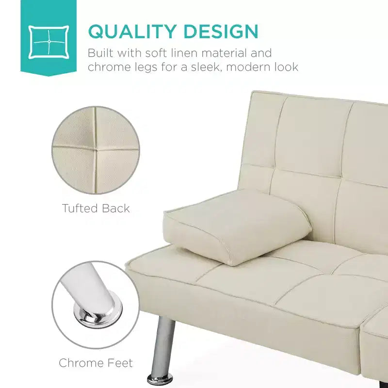 Canapé-lit convertible moderne en lin Best Choice Products avec accoudoirs amovibles, pieds en métal, porte-gobelets