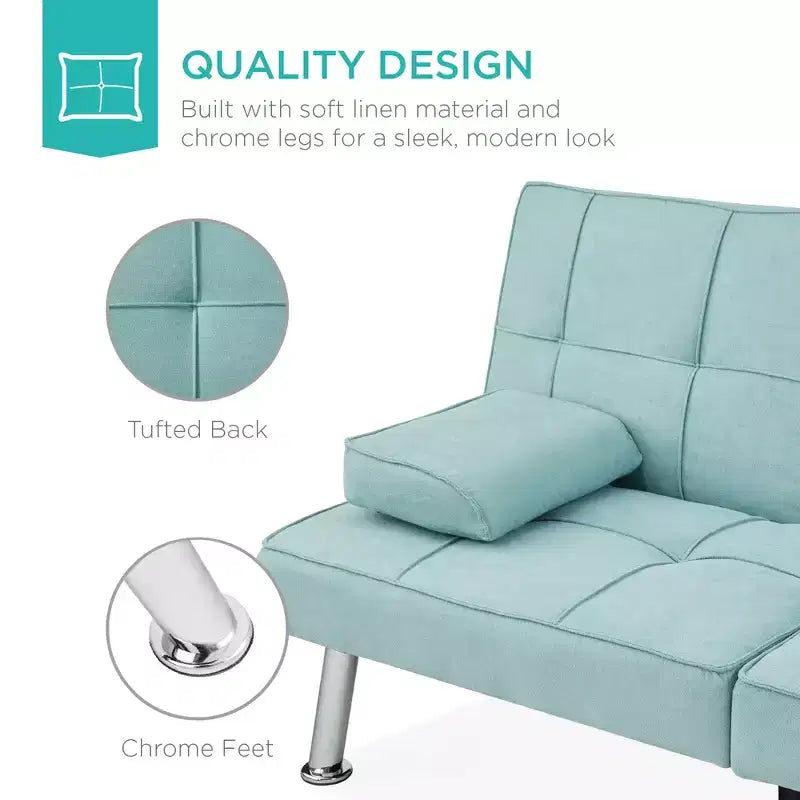Canapé-lit convertible moderne en lin Best Choice Products avec accoudoirs amovibles, pieds en métal, porte-gobelets