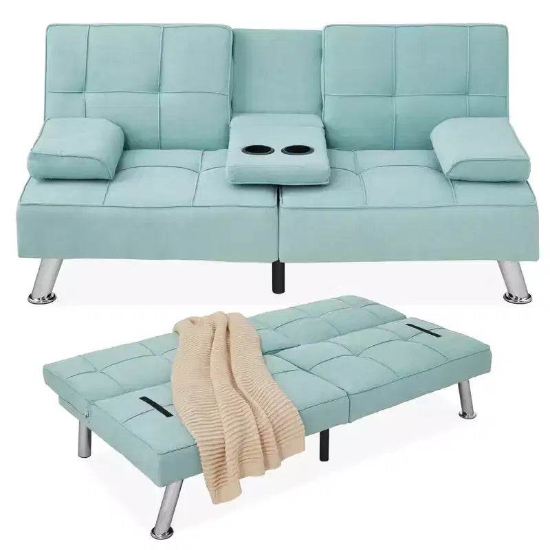 Canapé-lit convertible moderne en lin Best Choice Products avec accoudoirs amovibles, pieds en métal, porte-gobelets