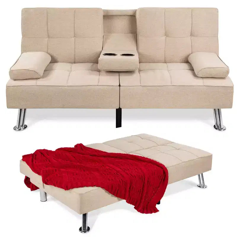 Canapé-lit convertible moderne en lin Best Choice Products avec accoudoirs amovibles, pieds en métal, porte-gobelets