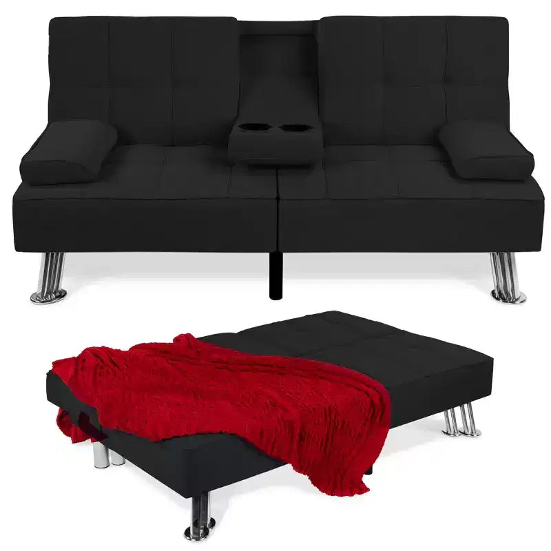 Canapé-lit convertible moderne en lin Best Choice Products avec accoudoirs amovibles, pieds en métal, porte-gobelets
