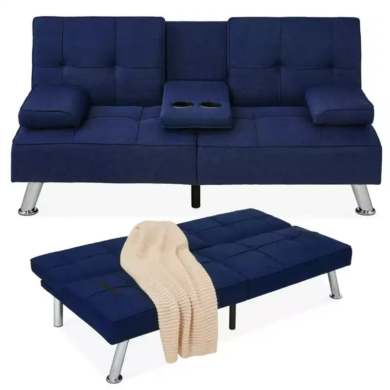 Canapé-lit convertible moderne en lin Best Choice Products avec accoudoirs amovibles, pieds en métal, porte-gobelets