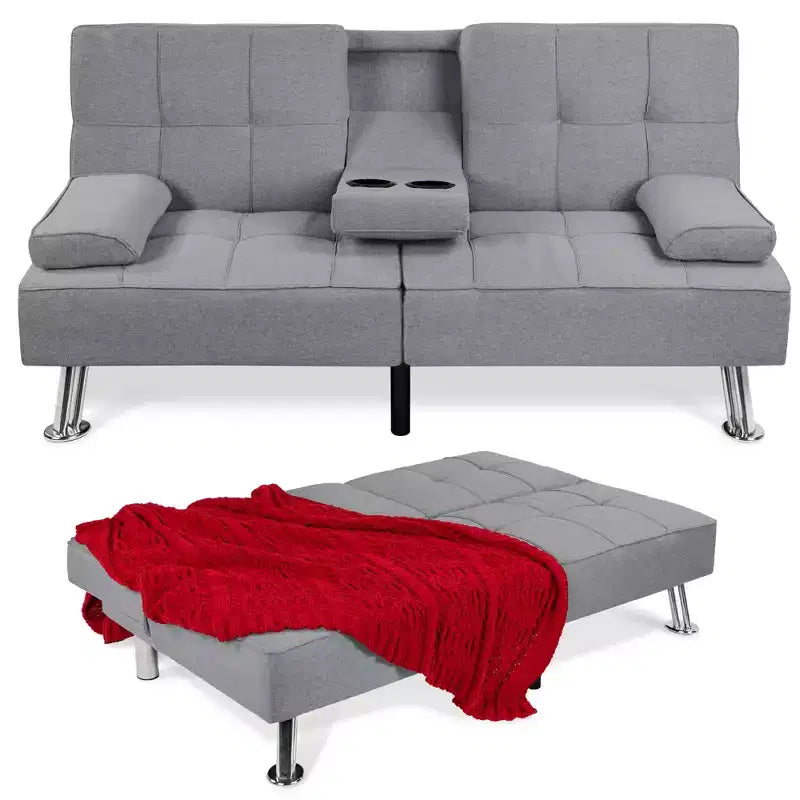 Canapé-lit convertible moderne en lin Best Choice Products avec accoudoirs amovibles, pieds en métal, porte-gobelets