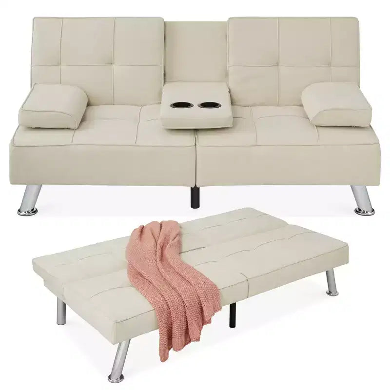 Canapé-lit convertible moderne en lin Best Choice Products avec accoudoirs amovibles, pieds en métal, porte-gobelets