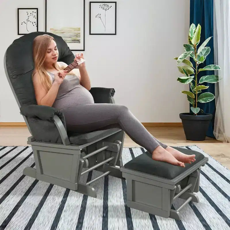 Costway Ensemble Planeur en Bois et Repose-Pieds avec Coussins Fauteuil à Bascule pour Chambre de Bébé