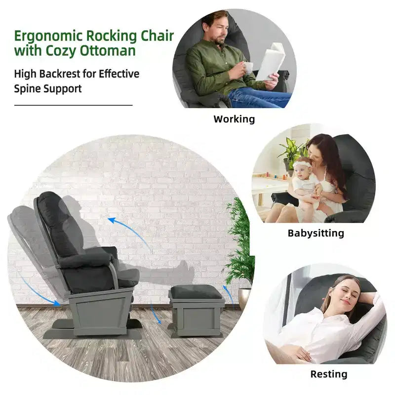 Costway Ensemble Planeur en Bois et Repose-Pieds avec Coussins Fauteuil à Bascule pour Chambre de Bébé
