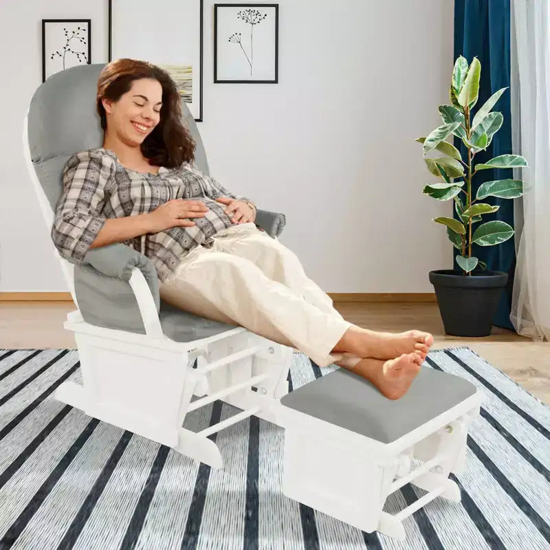 Costway Ensemble Planeur en Bois et Repose-Pieds avec Coussins Fauteuil à Bascule pour Chambre de Bébé