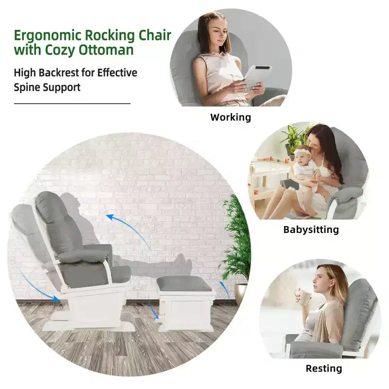 Costway Ensemble Planeur en Bois et Repose-Pieds avec Coussins Fauteuil à Bascule pour Chambre de Bébé