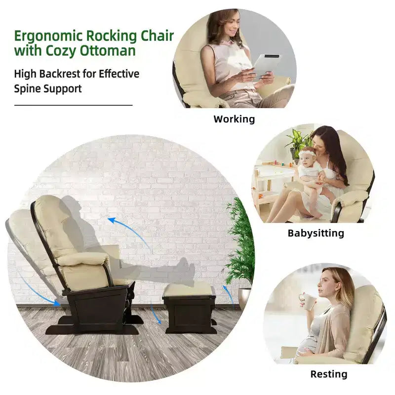 Costway Ensemble Planeur en Bois et Repose-Pieds avec Coussins Fauteuil à Bascule pour Chambre de Bébé